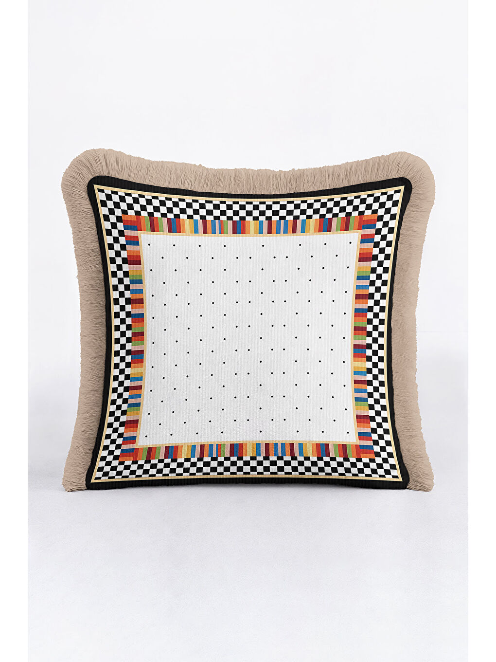 Karışık Lüks Geometrik Saçaklı Yastık Kılıfı - Renkli Kareli Modern Siyah Altın Renk Püsküllü Kırlent Kılıfı