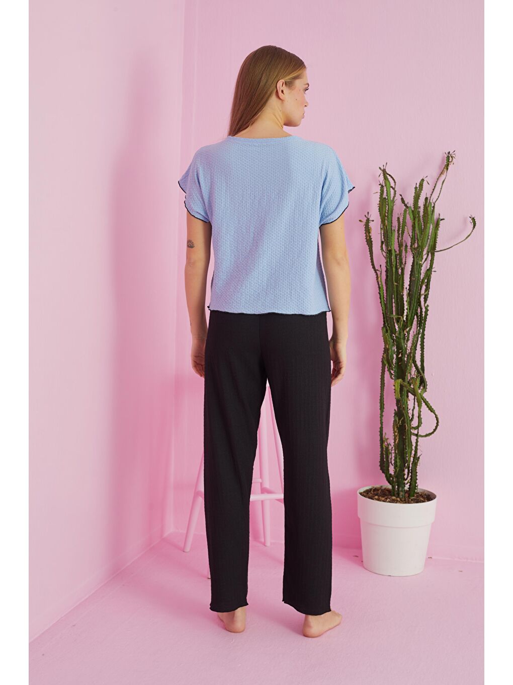 Mavi Krinkıl Kumaş Örme Pijama Takım-2