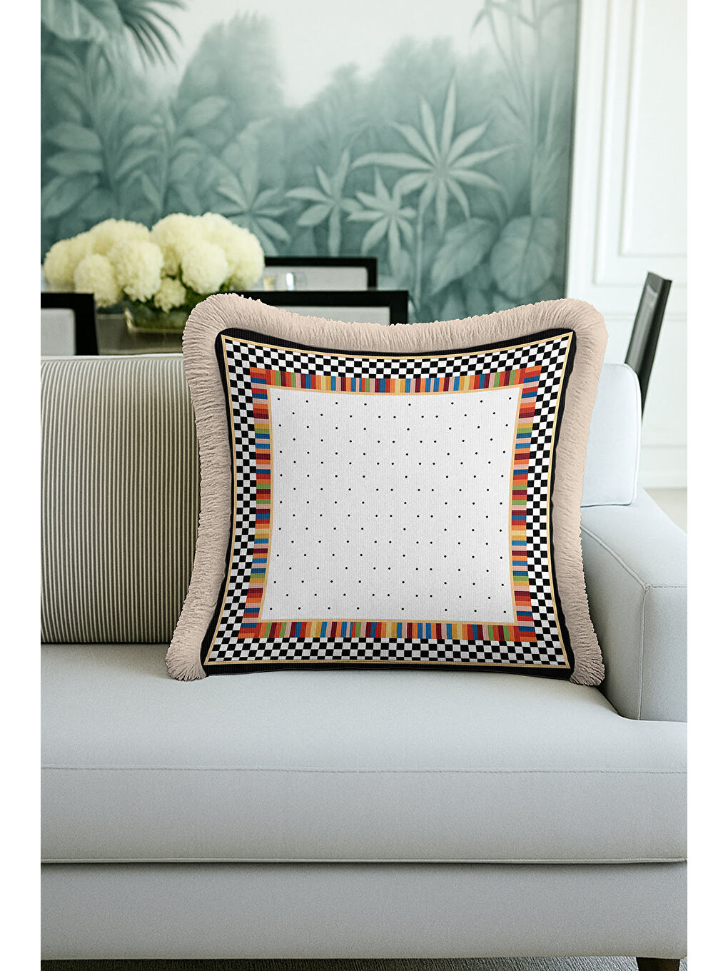 Karışık Lüks Geometrik Saçaklı Yastık Kılıfı - Renkli Kareli Modern Siyah Altın Renk Püsküllü Kırlent Kılıfı-1
