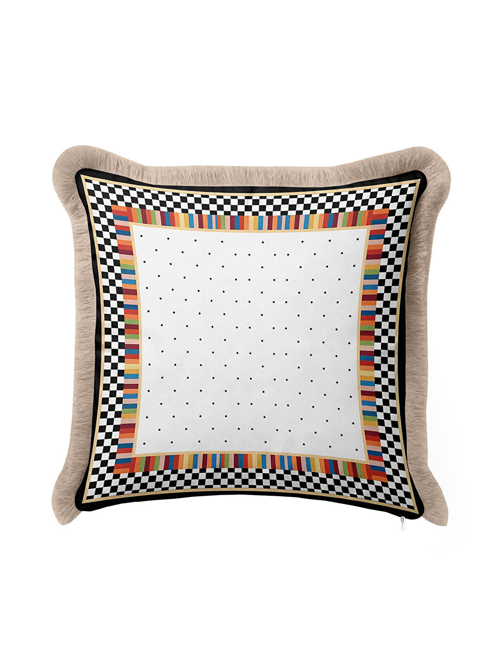 Karışık Lüks Geometrik Saçaklı Yastık Kılıfı - Renkli Kareli Modern Siyah Altın Renk Püsküllü Kırlent Kılıfı-2