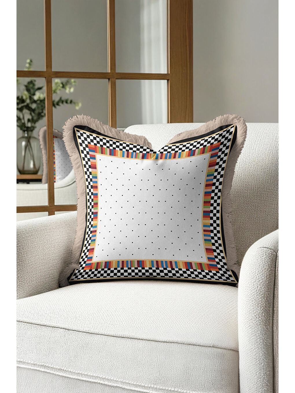 Karışık Lüks Geometrik Saçaklı Yastık Kılıfı - Renkli Kareli Modern Siyah Altın Renk Püsküllü Kırlent Kılıfı-3