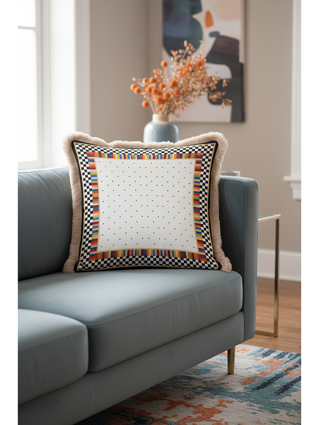 Karışık Lüks Geometrik Saçaklı Yastık Kılıfı - Renkli Kareli Modern Siyah Altın Renk Püsküllü Kırlent Kılıfı-4