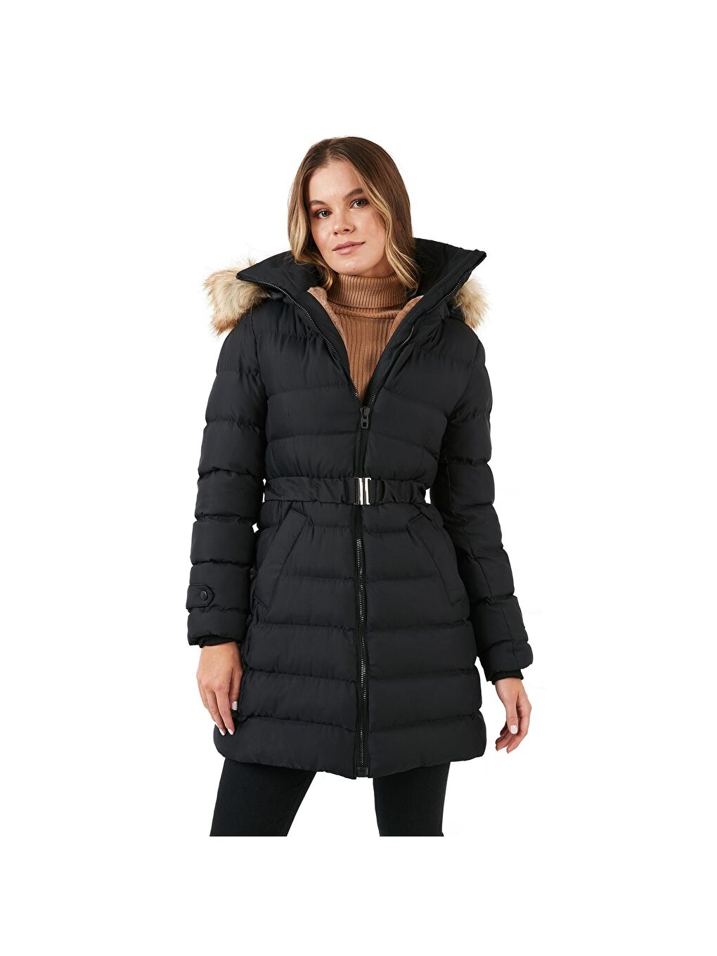 Siyah Yakası Tüylü Kapüşonlu Kemerli Şişme Kadın Kaban 497SEMIRAMIS-7