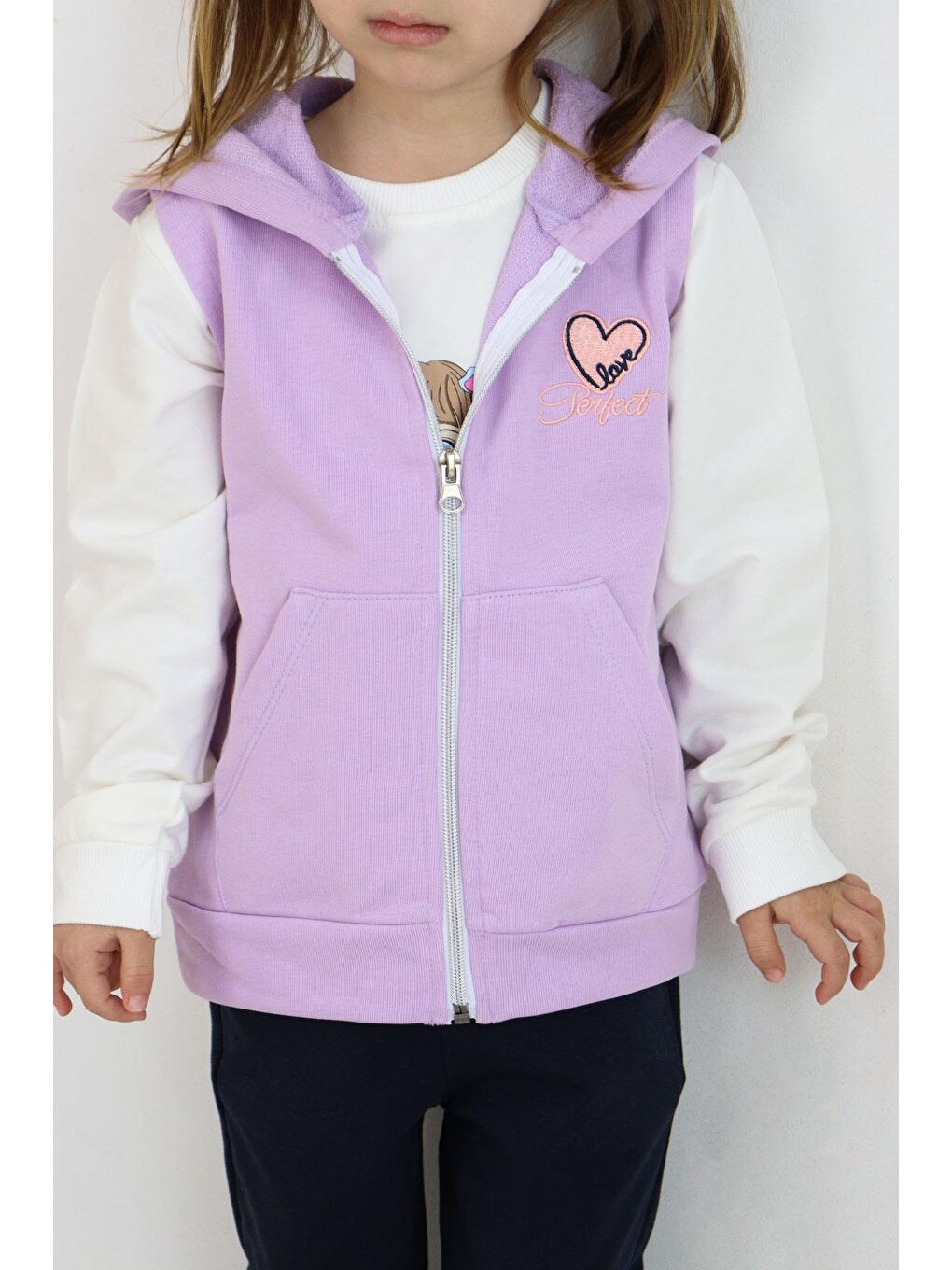 Kız Çocuk Yelek Kalp & Yazı Nakışlı Fermuarlı Lila (3-8 Yaş)-2