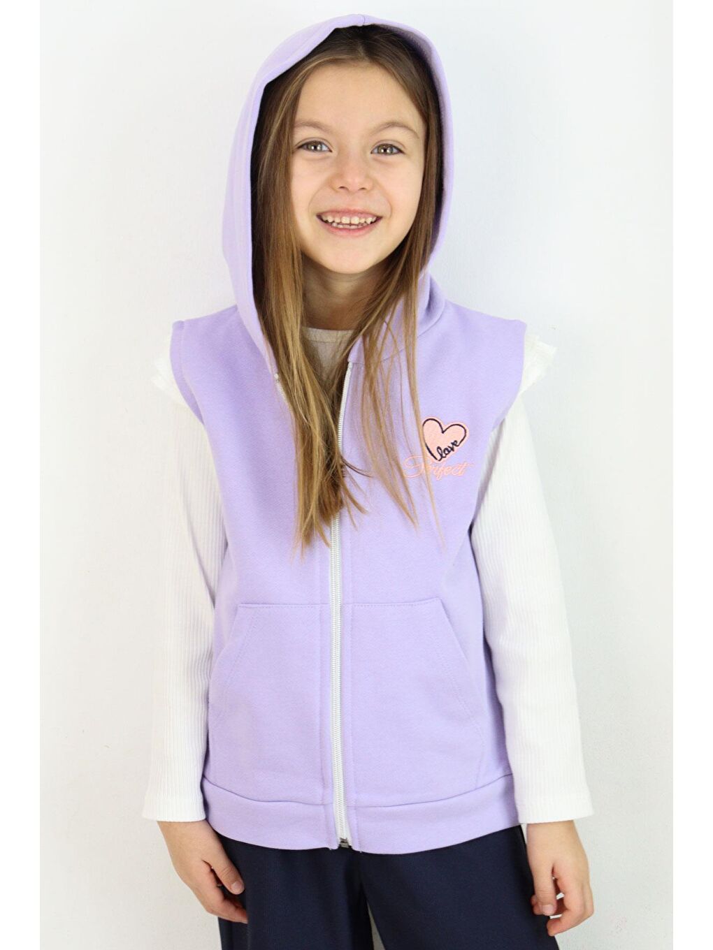 Kız Çocuk Yelek Kalp & Yazı Nakışlı Fermuarlı Lila (3-8 Yaş)-3
