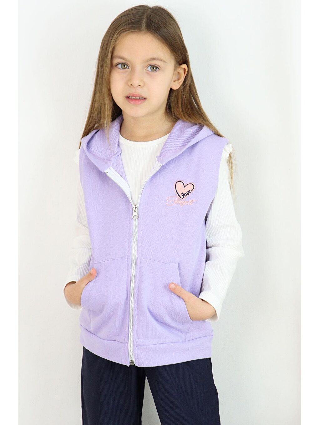 Kız Çocuk Yelek Kalp & Yazı Nakışlı Fermuarlı Lila (3-8 Yaş)-4