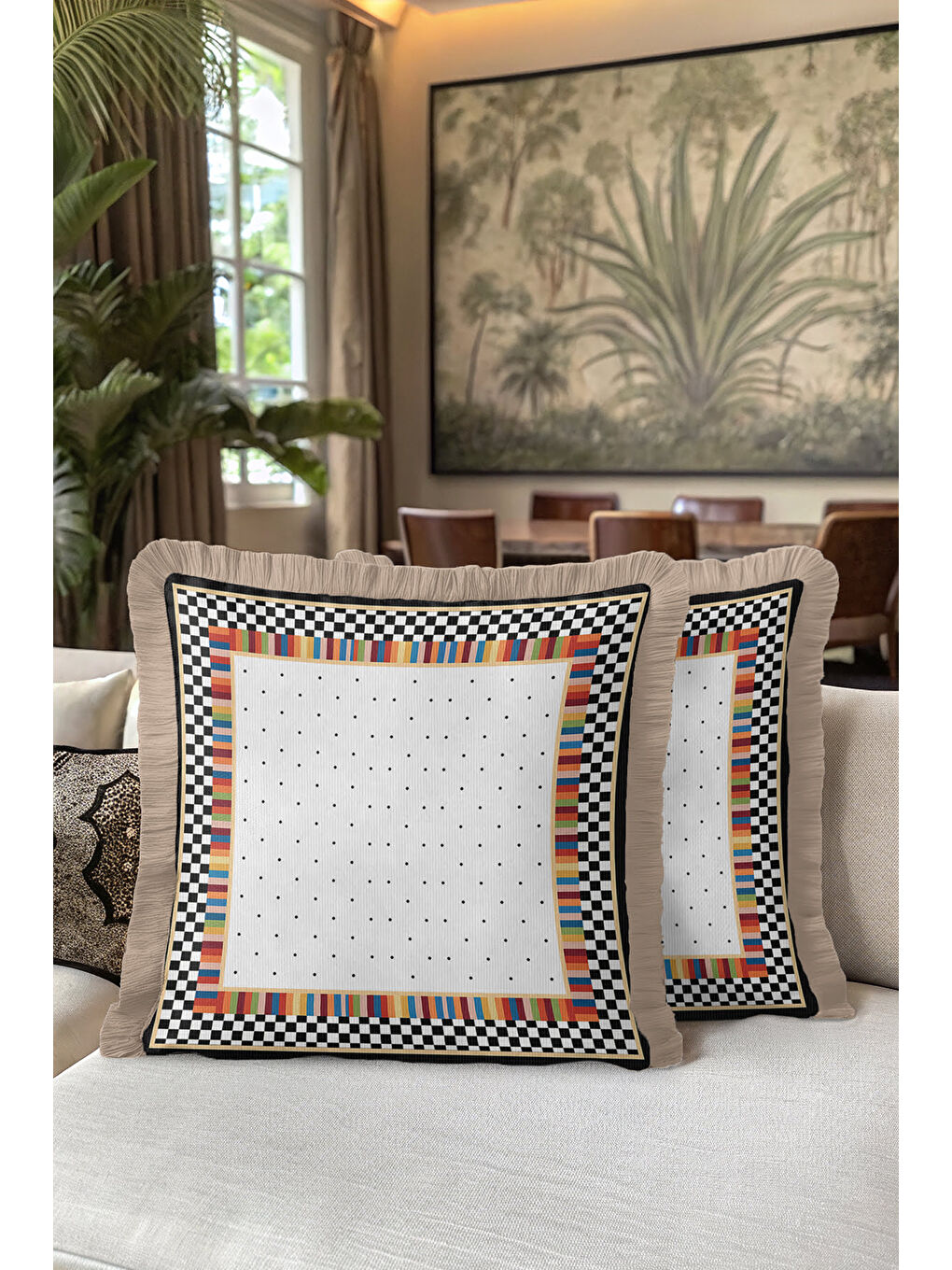 Karışık Lüks Geometrik Saçaklı Yastık Kılıfı - Renkli Kareli Modern Siyah Altın Renk Püsküllü Kırlent Kılıfı-5