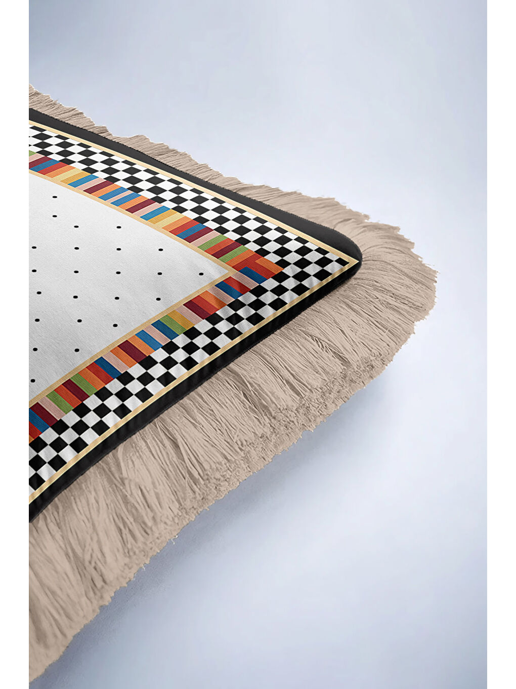 Karışık Lüks Geometrik Saçaklı Yastık Kılıfı - Renkli Kareli Modern Siyah Altın Renk Püsküllü Kırlent Kılıfı-6