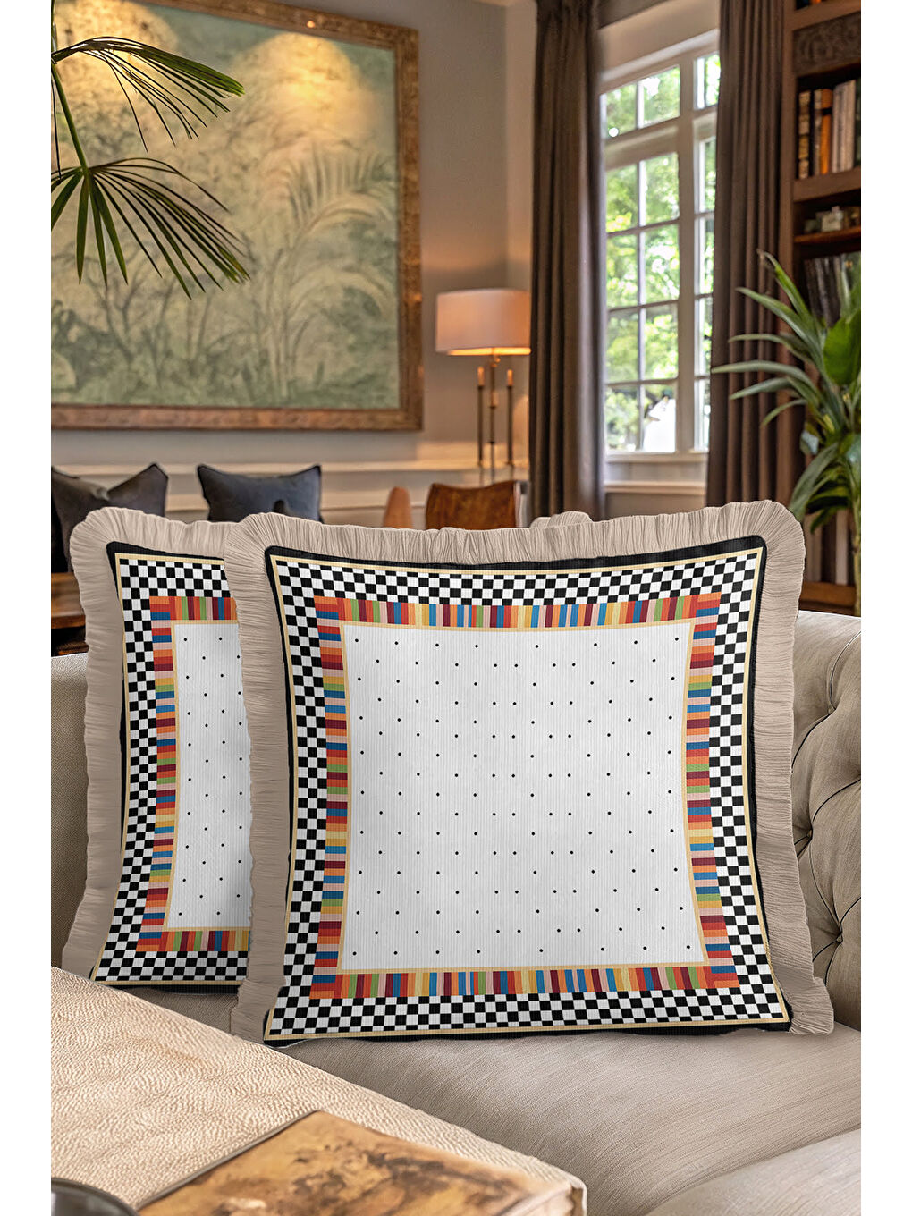 Karışık Lüks Geometrik Saçaklı Yastık Kılıfı - Renkli Kareli Modern Siyah Altın Renk Püsküllü Kırlent Kılıfı-7