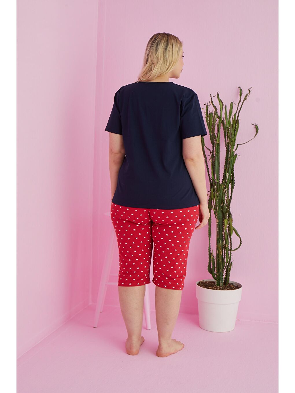 Lacivert Curve Büyük Beden Pamuklu Örme Kapri Takımı-1