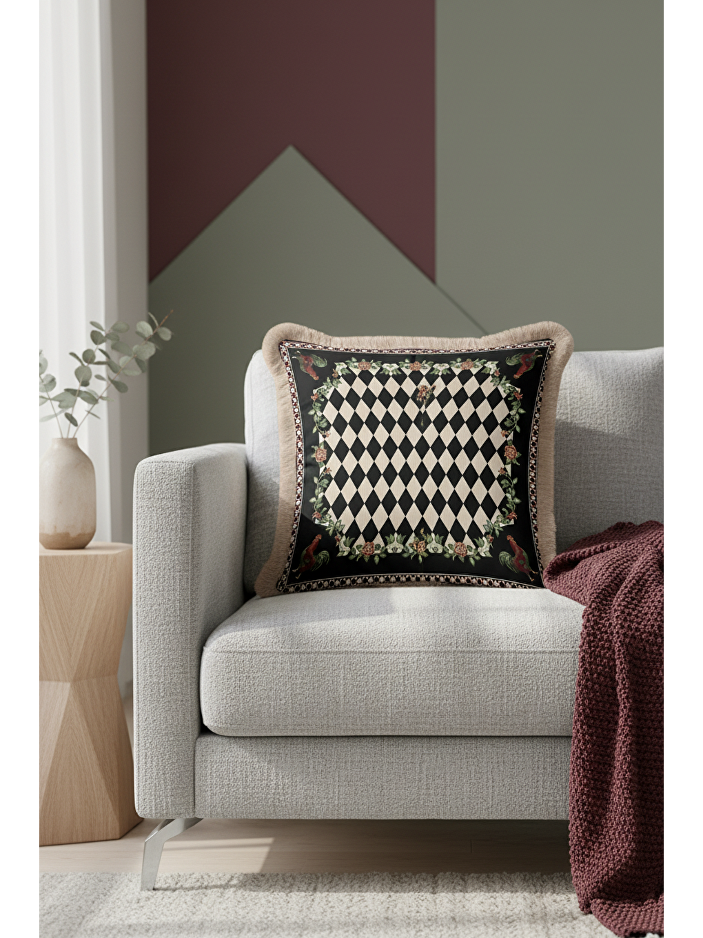 Karışık Lüks Harlequin Gül Motifli Saçaklı Yastık Kılıfı - Avangart Etnik Siyah Gold Püsküllü Kırlent Kılıfı-1