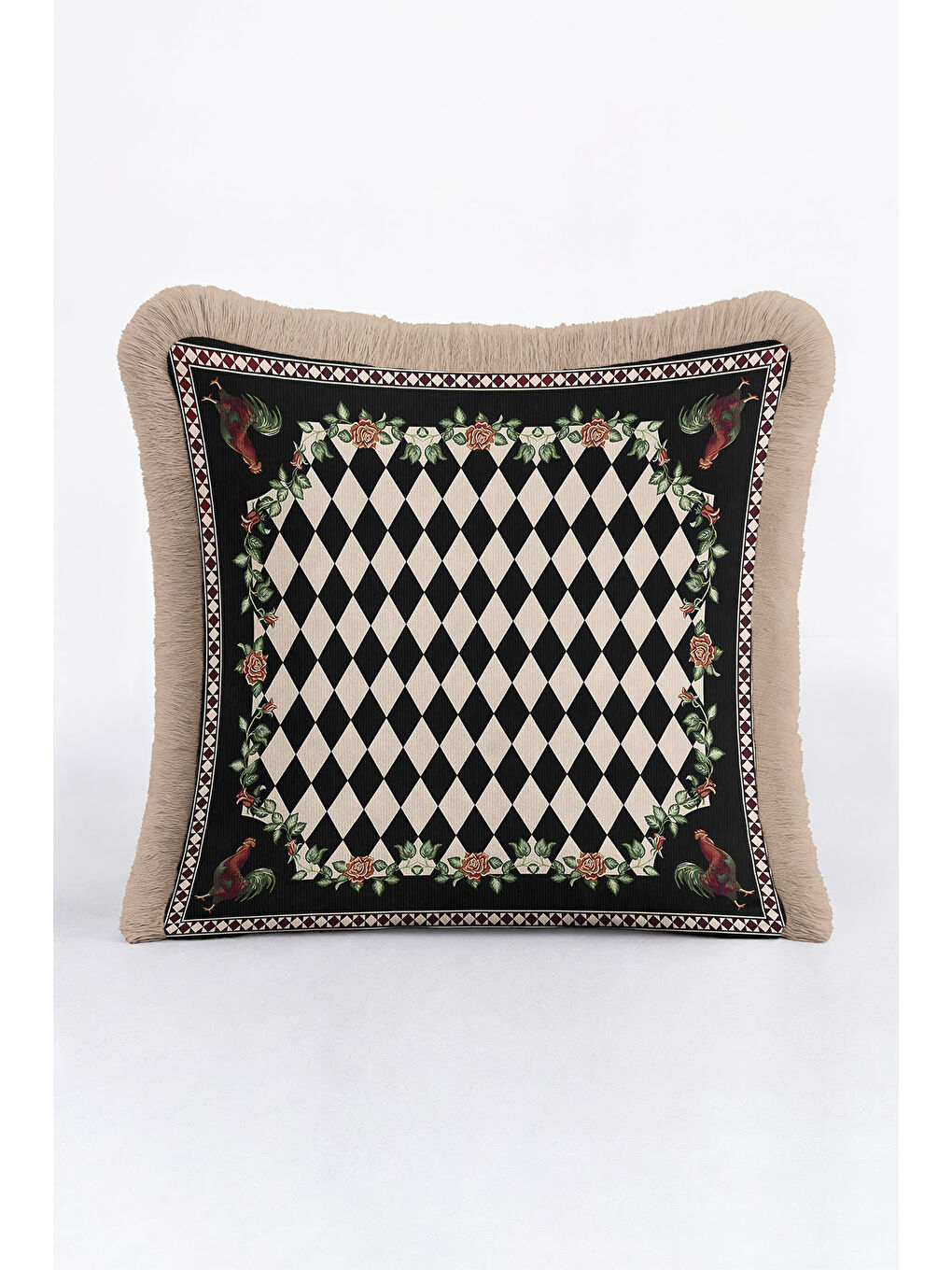 Karışık Lüks Harlequin Gül Motifli Saçaklı Yastık Kılıfı - Avangart Etnik Siyah Gold Püsküllü Kırlent Kılıfı-2