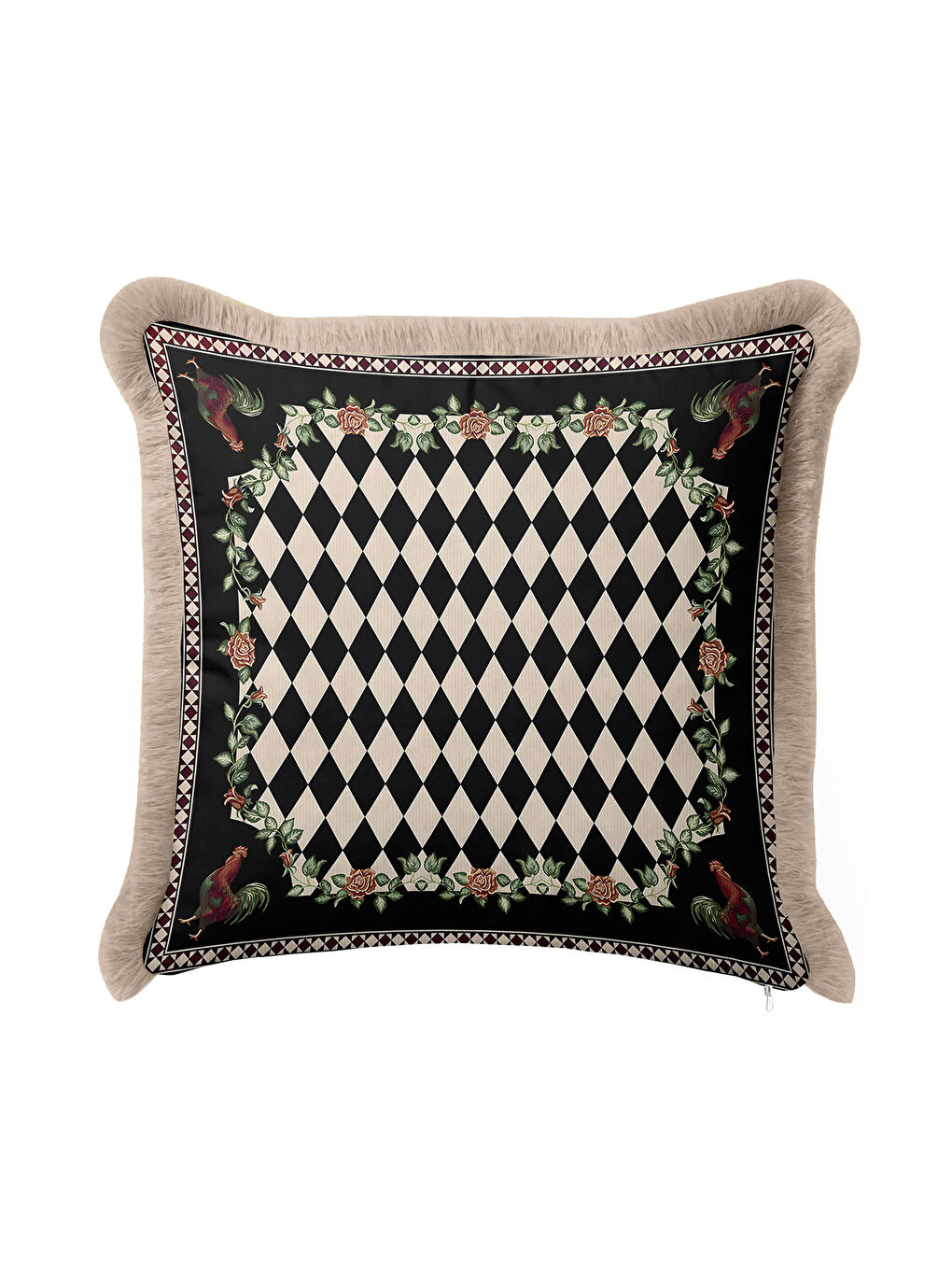 Karışık Lüks Harlequin Gül Motifli Saçaklı Yastık Kılıfı - Avangart Etnik Siyah Gold Püsküllü Kırlent Kılıfı-3