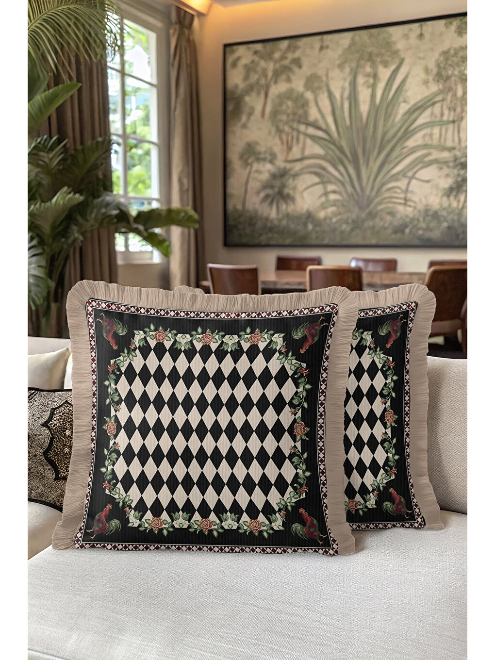 Karışık Lüks Harlequin Gül Motifli Saçaklı Yastık Kılıfı - Avangart Etnik Siyah Gold Püsküllü Kırlent Kılıfı-5
