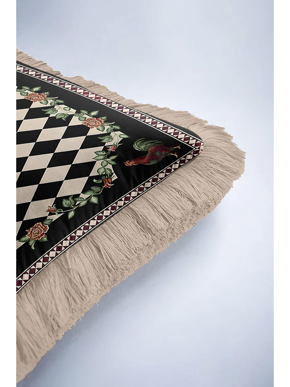 Karışık Lüks Harlequin Gül Motifli Saçaklı Yastık Kılıfı - Avangart Etnik Siyah Gold Püsküllü Kırlent Kılıfı-6