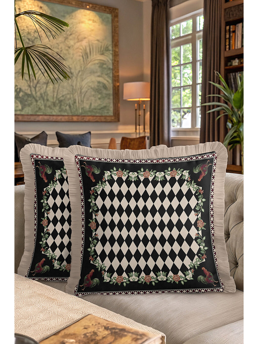 Karışık Lüks Harlequin Gül Motifli Saçaklı Yastık Kılıfı - Avangart Etnik Siyah Gold Püsküllü Kırlent Kılıfı-7