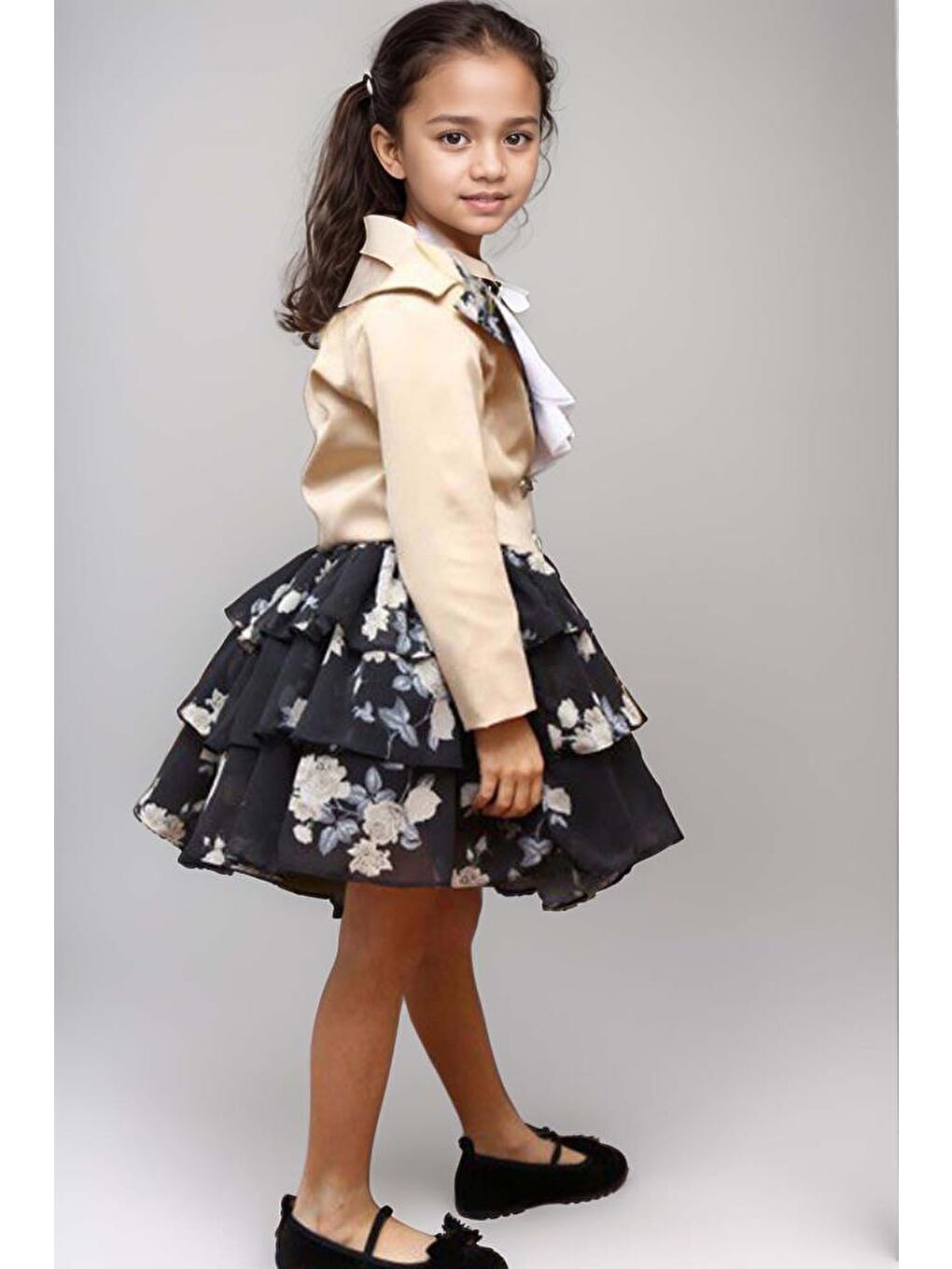 Kız Çocuk Çiçek Desenli KatKat, Atlas Kumaş Etek Bej Ceket Etekli Takım-1