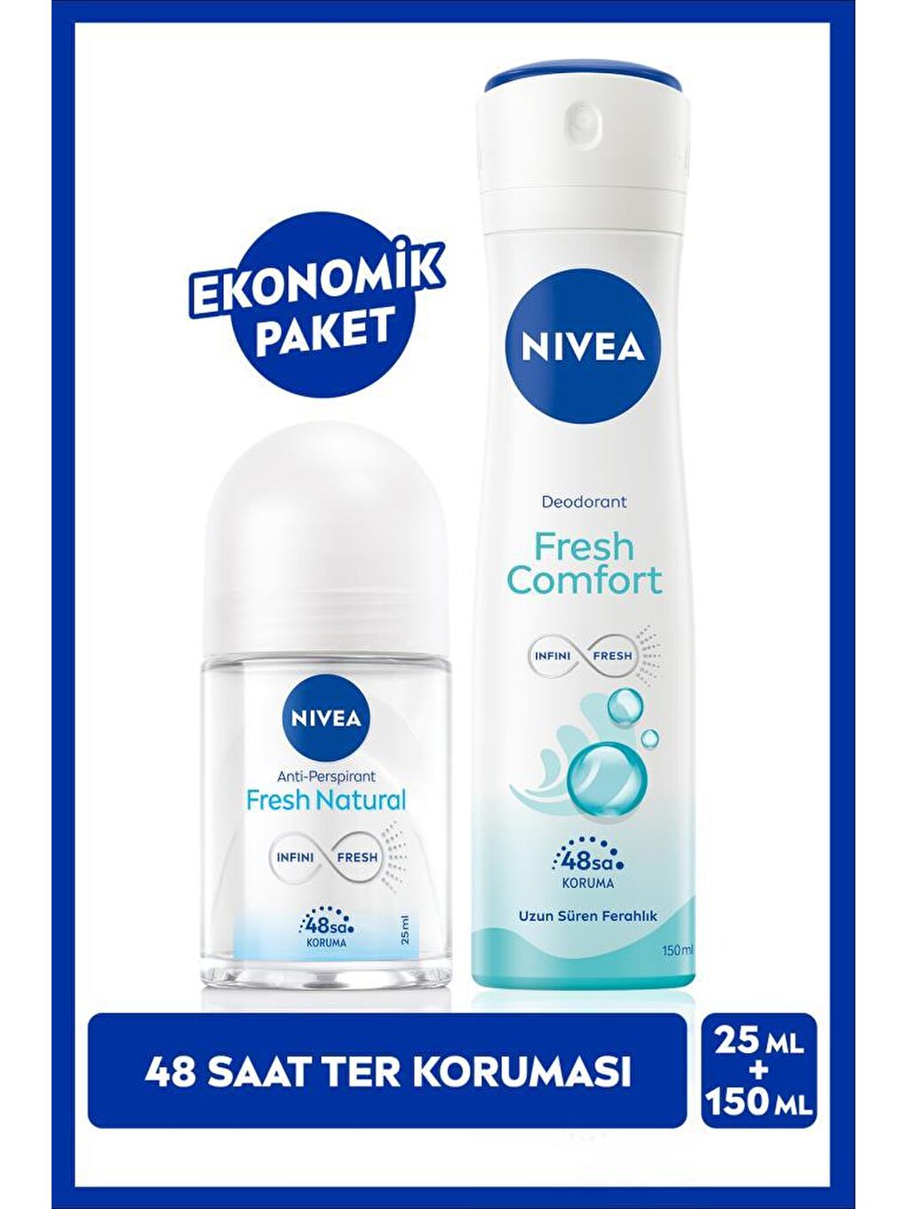 NIVEA Kadın Sprey Deodorant Fresh Comfort 150ml ve Mini Roll-on Fresh Natural 25ml, Ter Karşıtı Koruma
