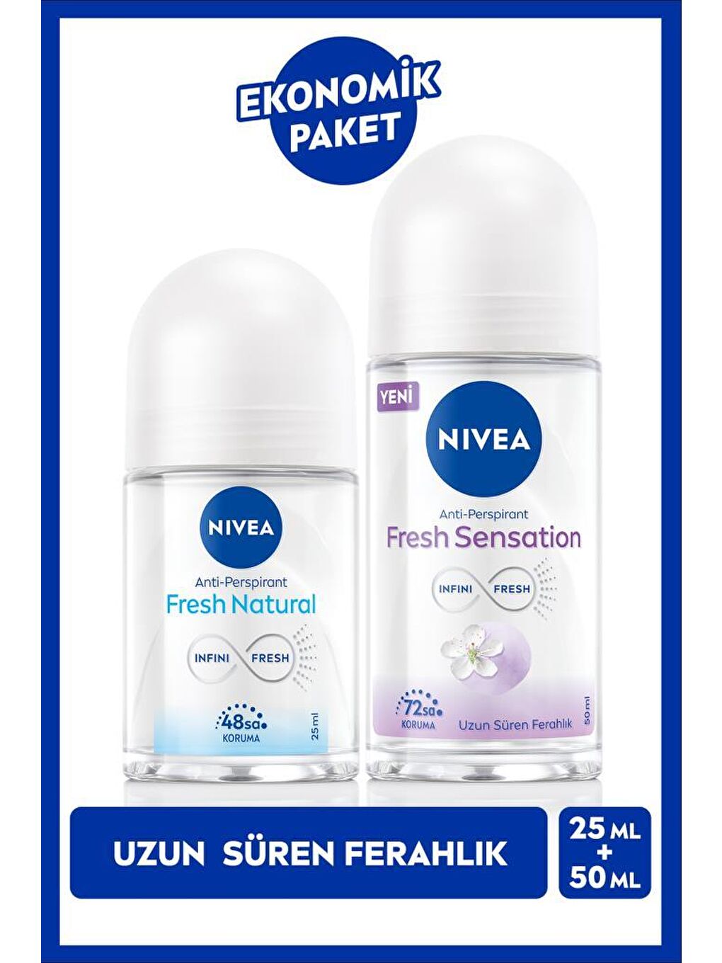 Kadın Roll-on Deodorant Fresh Sensation 50ml Mini Roll-on Fresh Natural 25ml, Gün Boyu Ferahlık