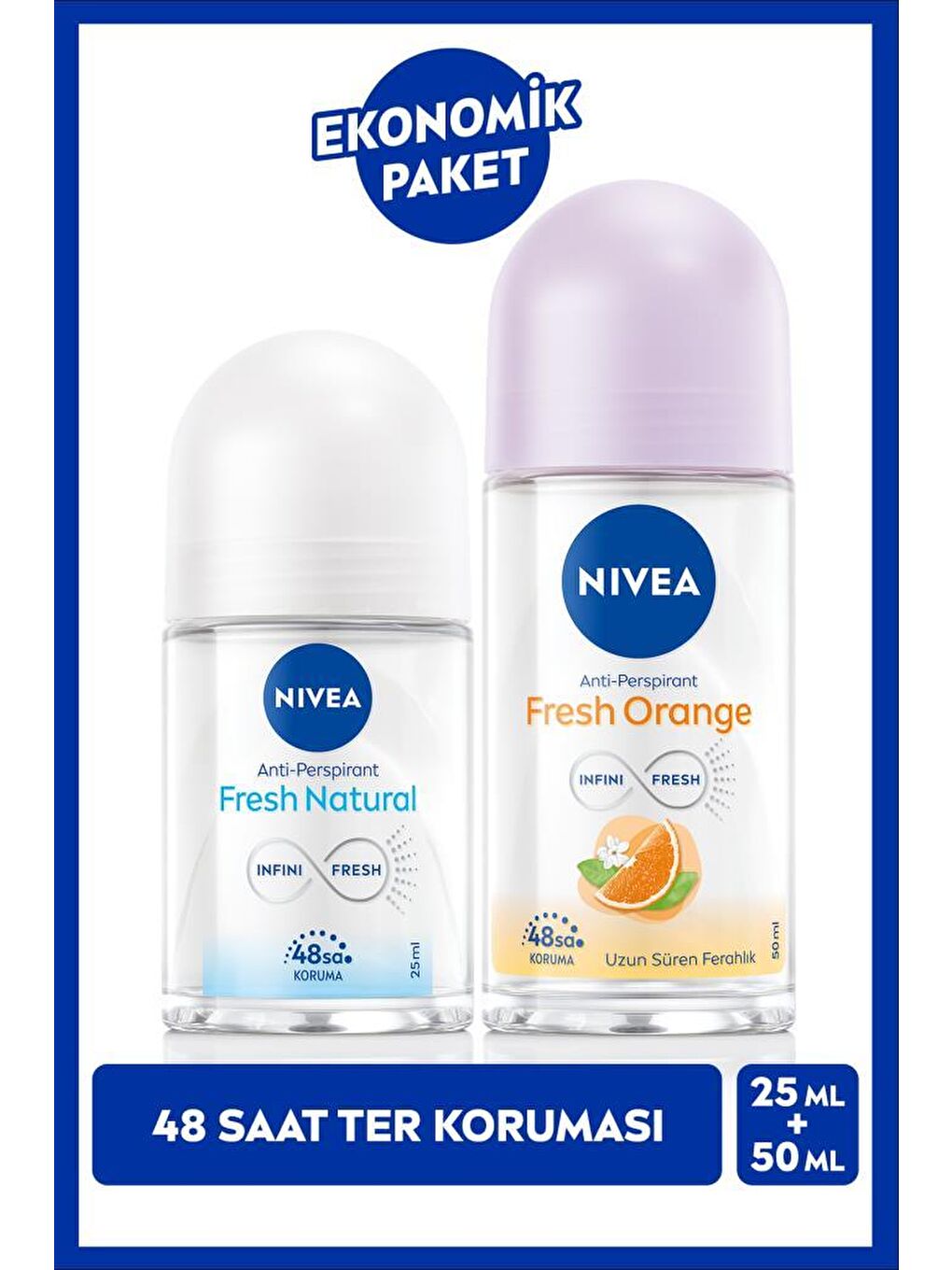Kadın Roll-on Deodorant Fresh Orange 50ml ve Mini Roll-on Fresh Natural 25ml, 48 Saat Koruma