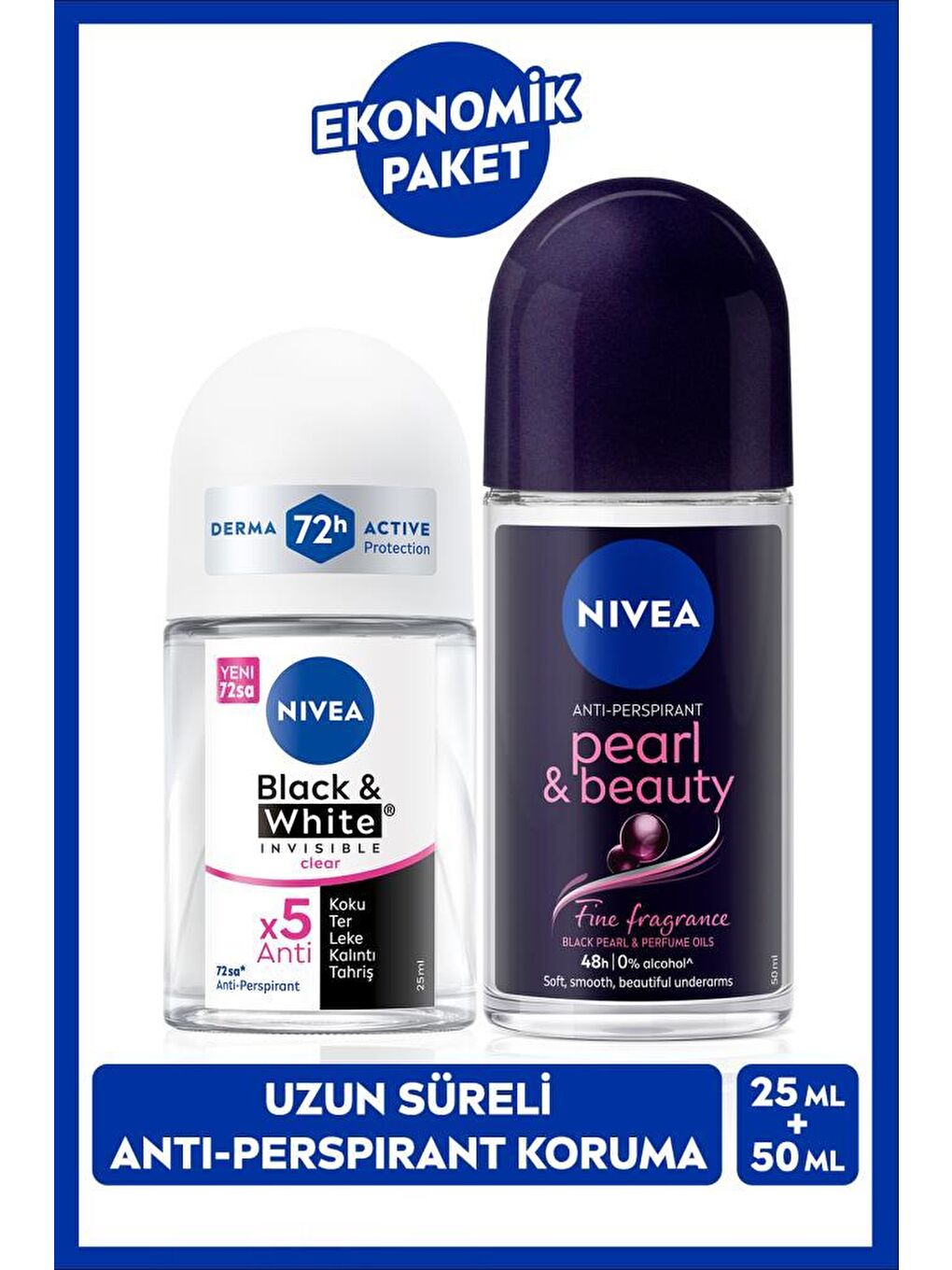 KADIN Roll-on Deodorant Pearl&Beauty 50ml ve Mini Roll-on Black&White 25ml, Bakımlı Koltuk Altı