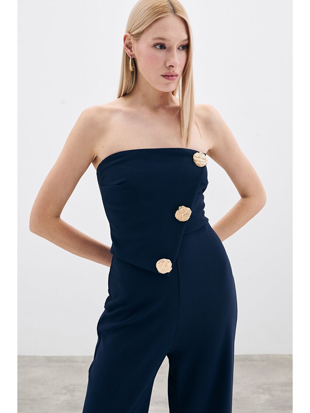 Aksesuarlı Straplez Tulum - Lacivert-4