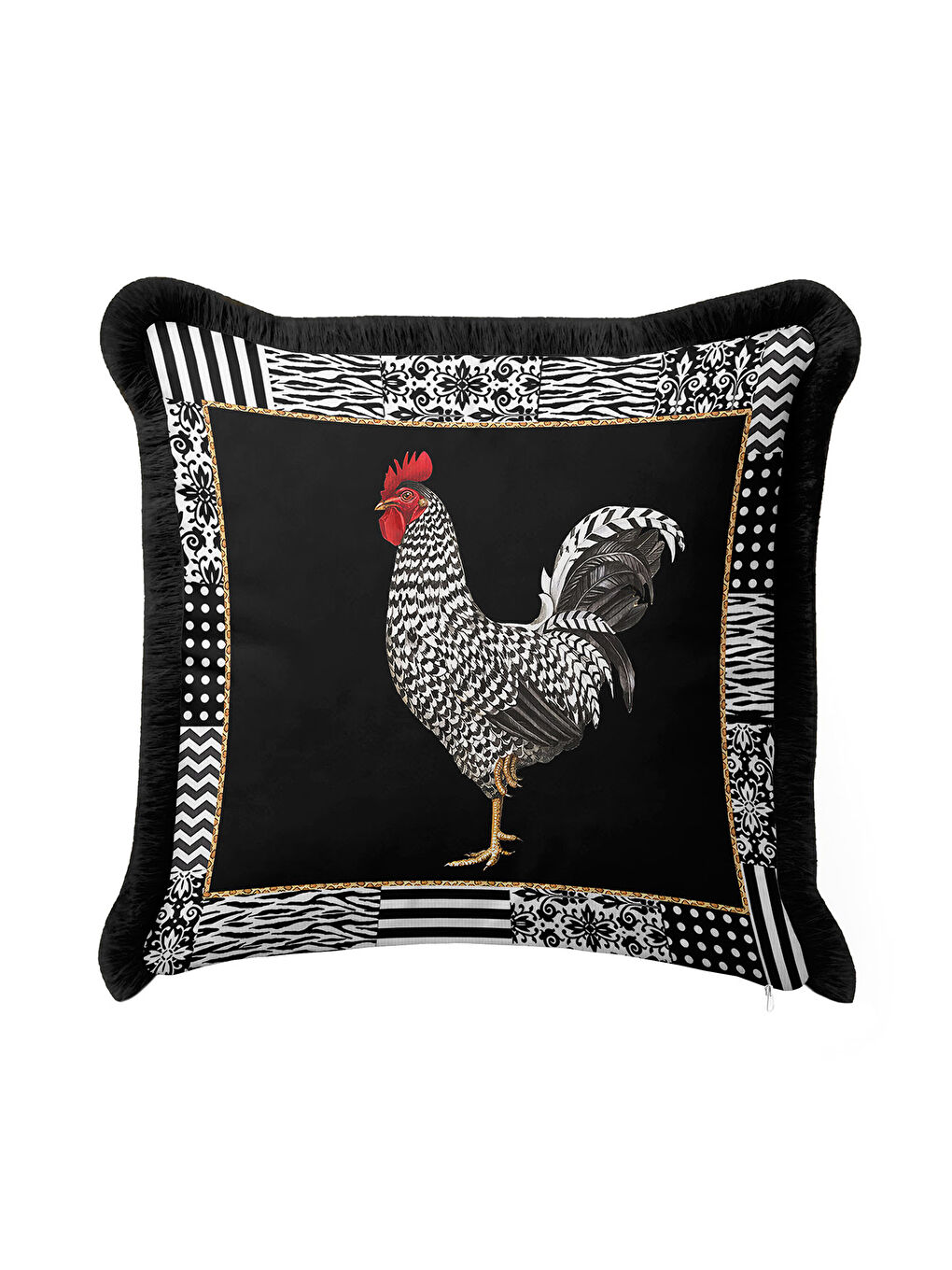 Karışık Zarif Patchwork Saçaklı Yastık Kılıfı - Çiftlik Temalı Modern Siyah Gold Püsküllü Kırlent Kılıfı