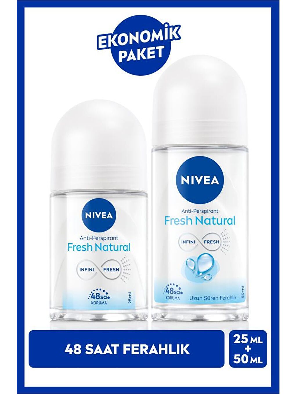 Kadın Roll-on Deodorant Fresh Natural 50ml ve Mini Roll-on Fresh Natural 25ml, 48 Saat Koruma