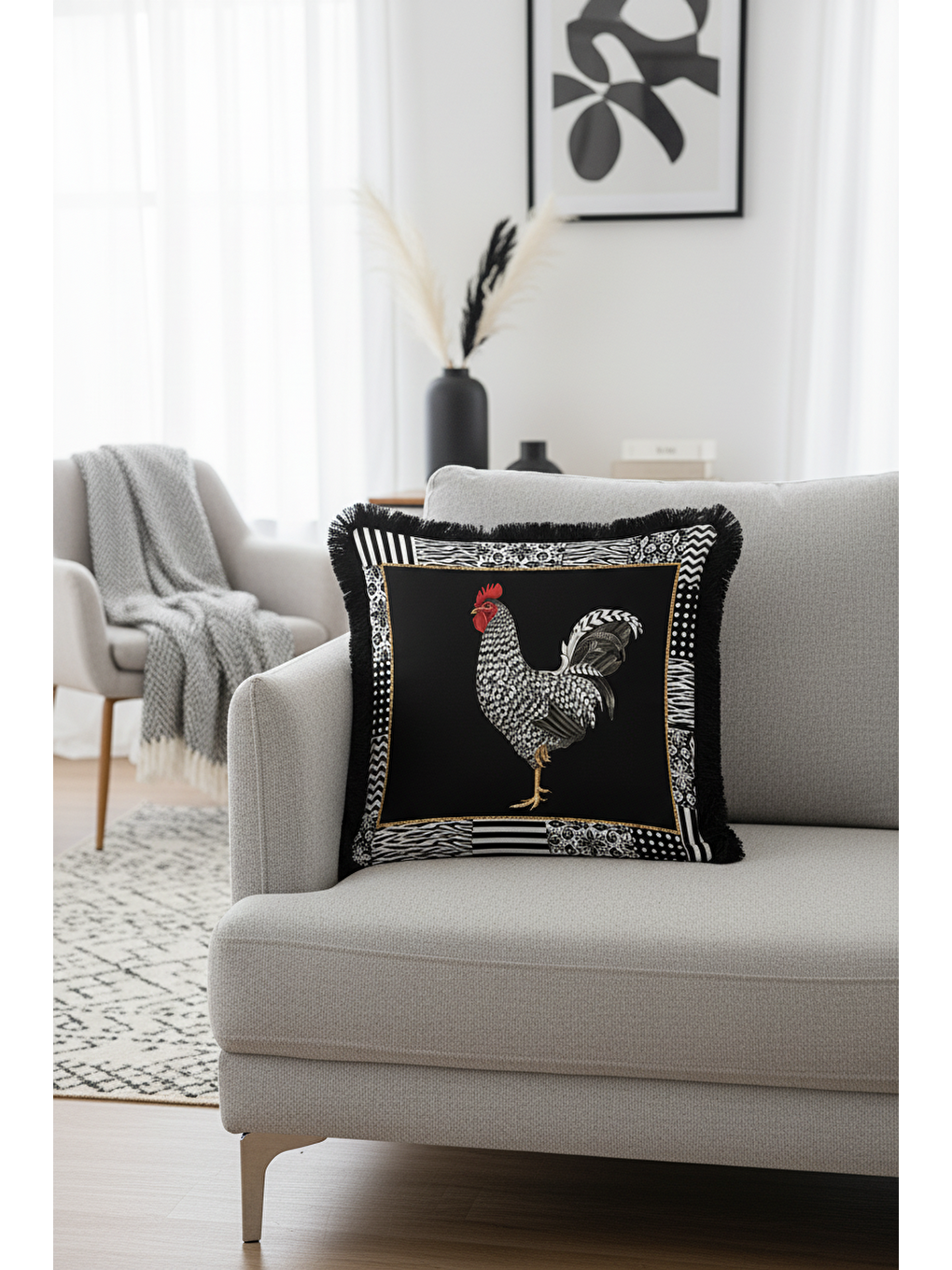 Karışık Zarif Patchwork Saçaklı Yastık Kılıfı - Çiftlik Temalı Modern Siyah Gold Püsküllü Kırlent Kılıfı-1