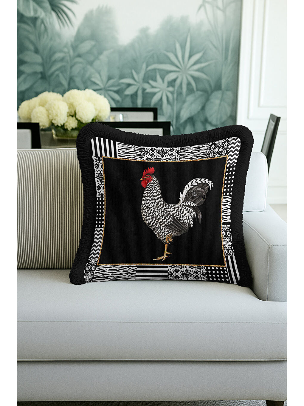 Karışık Zarif Patchwork Saçaklı Yastık Kılıfı - Çiftlik Temalı Modern Siyah Gold Püsküllü Kırlent Kılıfı-2