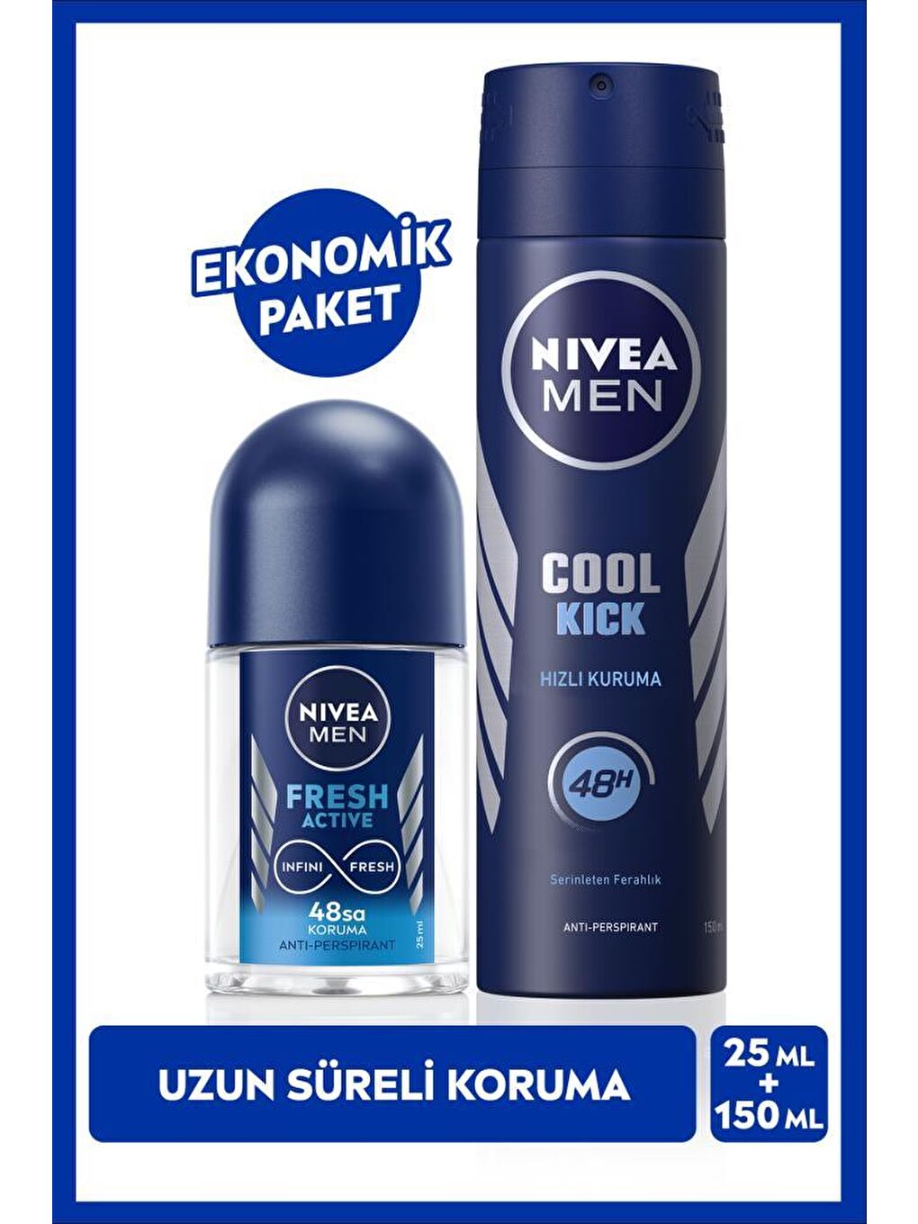 NIVEA MEN Erkek Sprey Deodorant Cool Kick Fresh 150ml ve Mini Roll-on Fresh Active 25ml