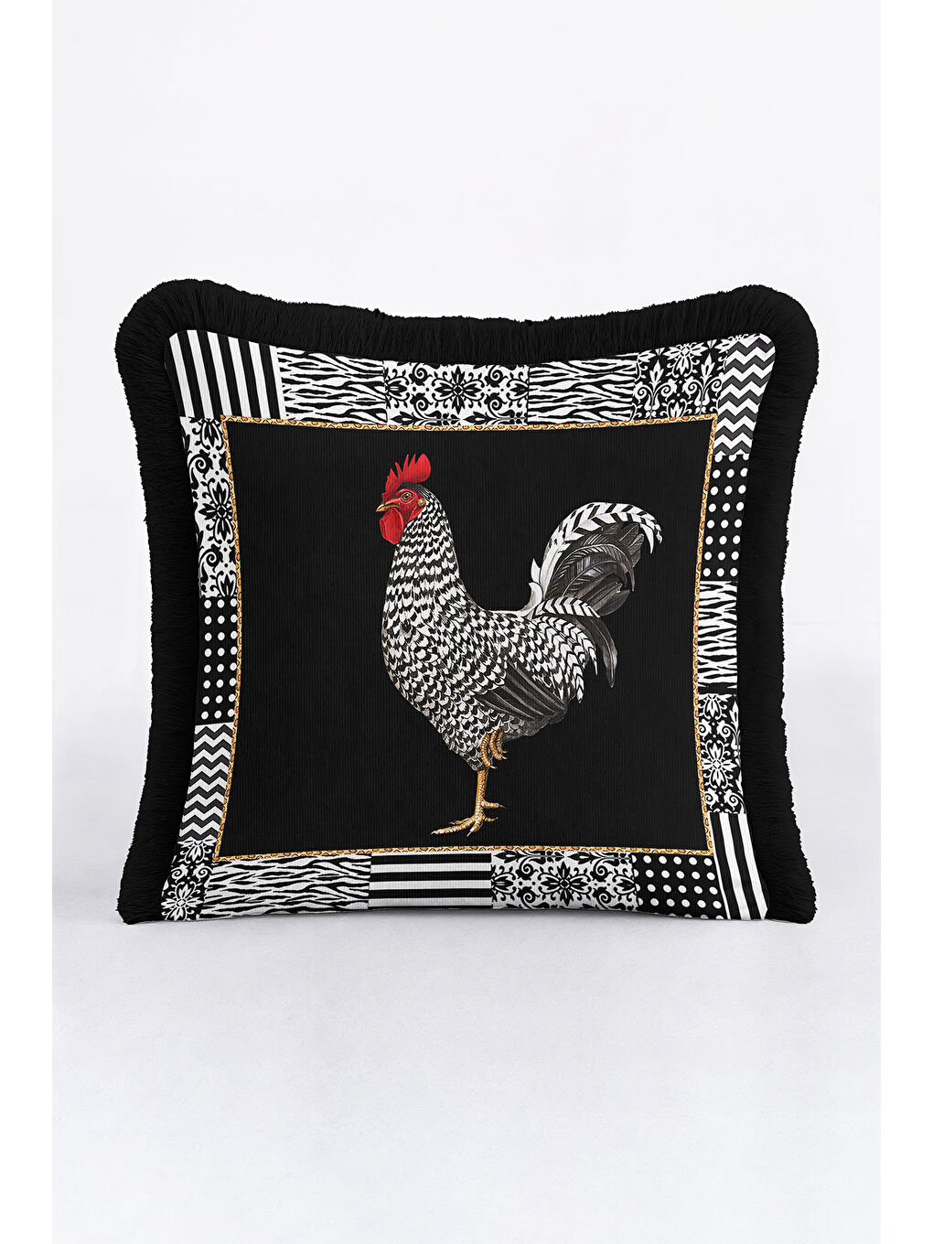 Karışık Zarif Patchwork Saçaklı Yastık Kılıfı - Çiftlik Temalı Modern Siyah Gold Püsküllü Kırlent Kılıfı-3