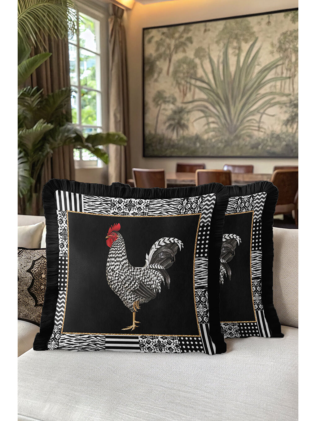 Karışık Zarif Patchwork Saçaklı Yastık Kılıfı - Çiftlik Temalı Modern Siyah Gold Püsküllü Kırlent Kılıfı-5