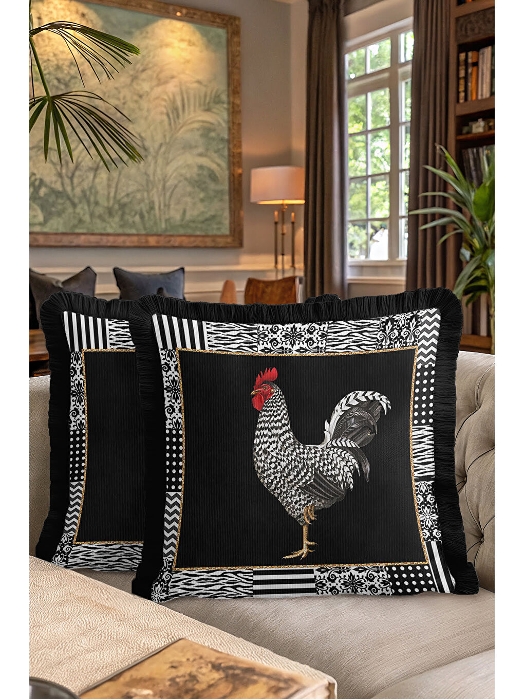 Karışık Zarif Patchwork Saçaklı Yastık Kılıfı - Çiftlik Temalı Modern Siyah Gold Püsküllü Kırlent Kılıfı-7