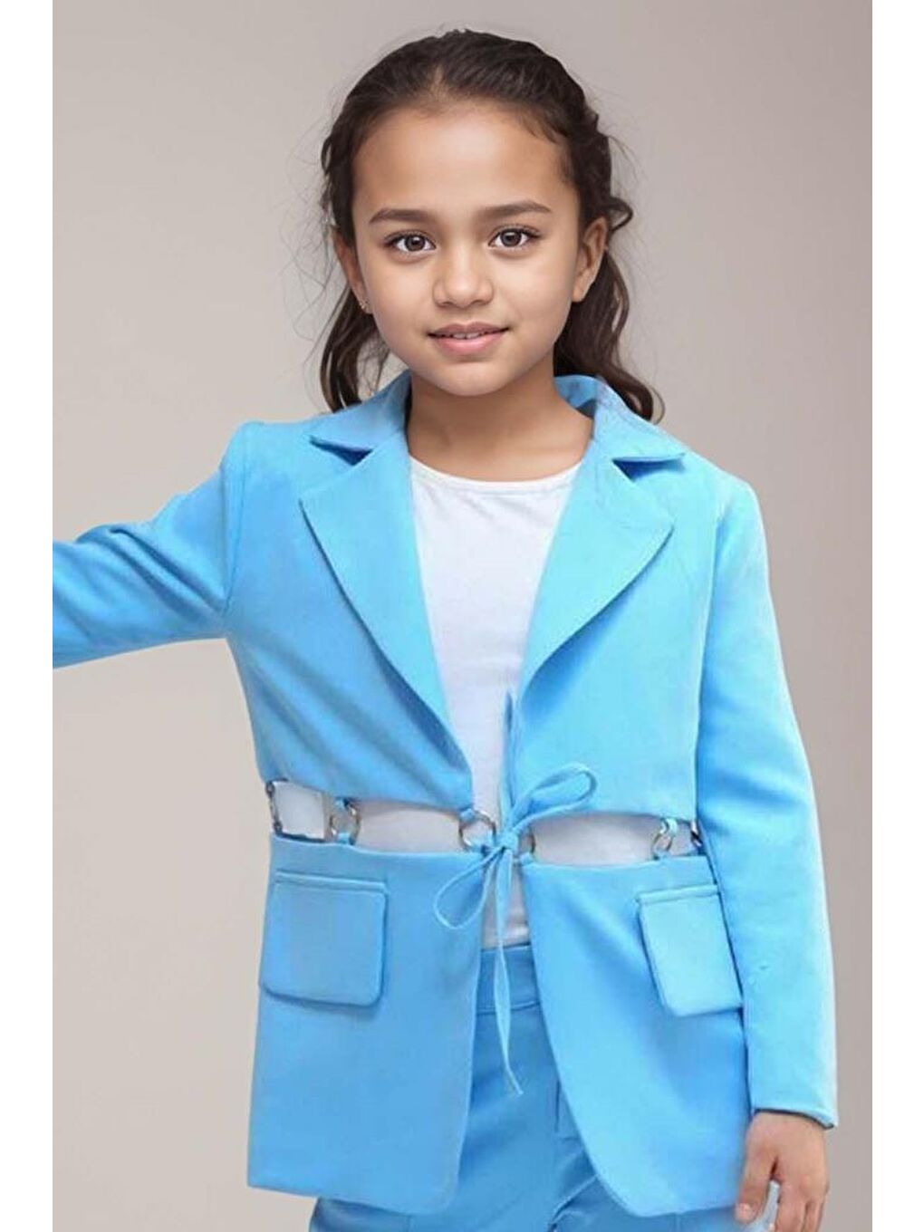 Kız Çocuk Halka Detaylı Blazer Ceket ve Yırtmaç Detaylı İspanyol Paçalı Pantolon Mavi Alt Üst Takım-1