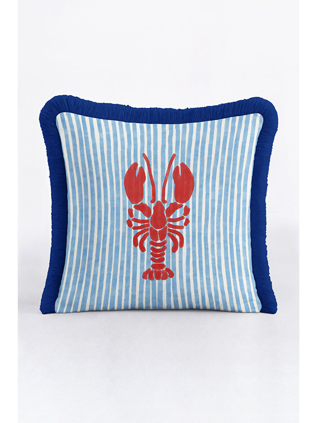 Karışık Deniz Kabuklu Mavi Çizgili Saçaklı Yastık Kılıfı - Marin Tema Koyu Lacivert Püsküllü Kırlent Kılıfı-1