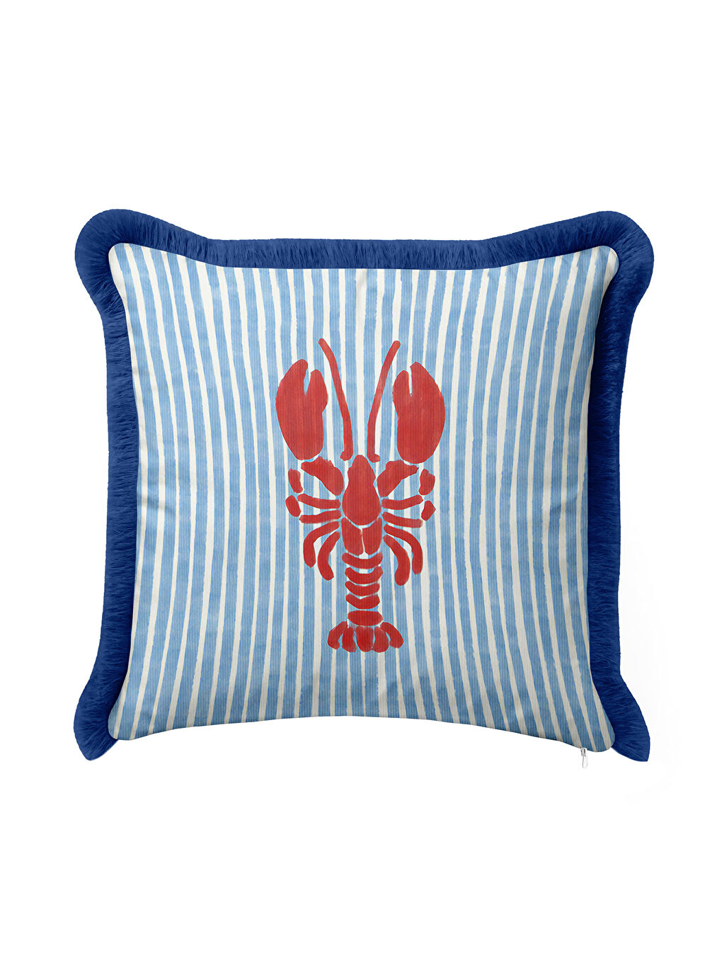 Karışık Deniz Kabuklu Mavi Çizgili Saçaklı Yastık Kılıfı - Marin Tema Koyu Lacivert Püsküllü Kırlent Kılıfı-2