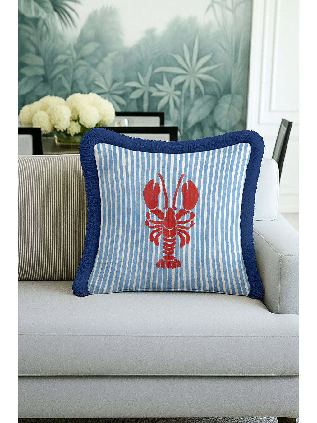Karışık Deniz Kabuklu Mavi Çizgili Saçaklı Yastık Kılıfı - Marin Tema Koyu Lacivert Püsküllü Kırlent Kılıfı-3