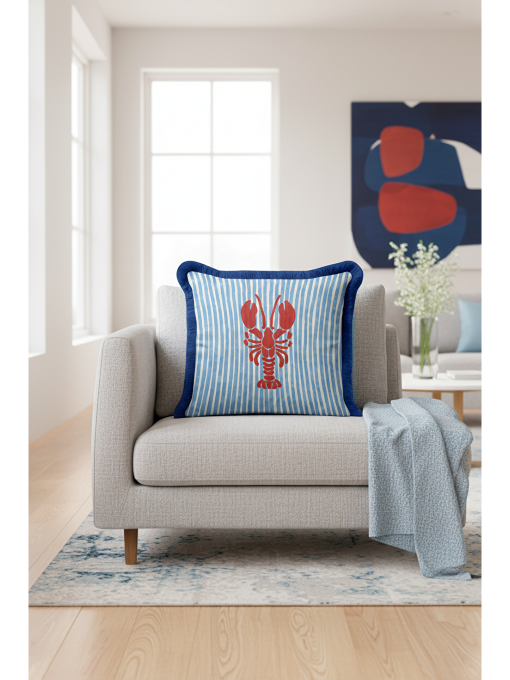 Karışık Deniz Kabuklu Mavi Çizgili Saçaklı Yastık Kılıfı - Marin Tema Koyu Lacivert Püsküllü Kırlent Kılıfı-4