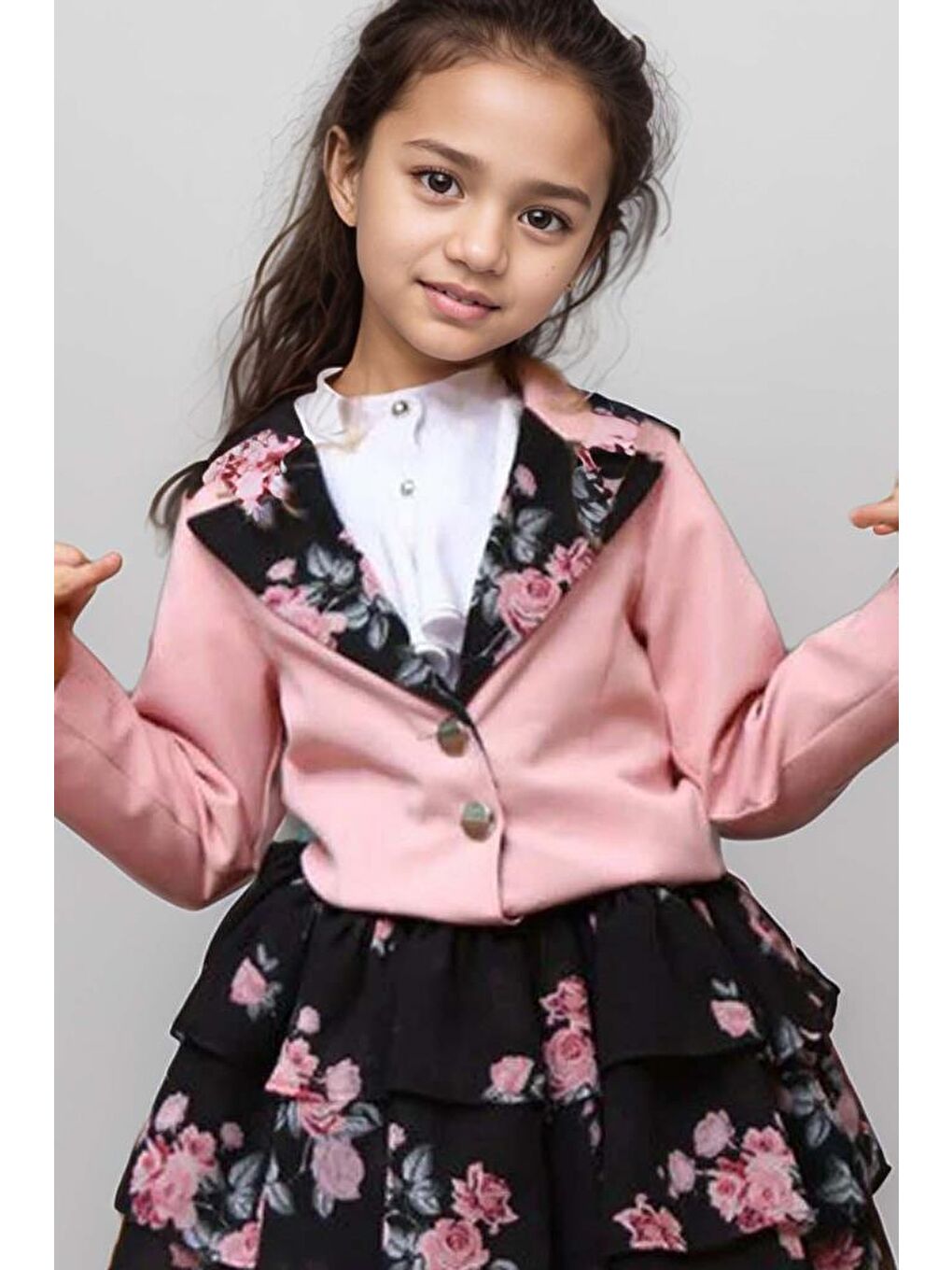 Pembe Kız Çocuk Çiçek Desenli KatKat, Atlas Kumaş Etek Pudra Ceket Etekli Takım-1