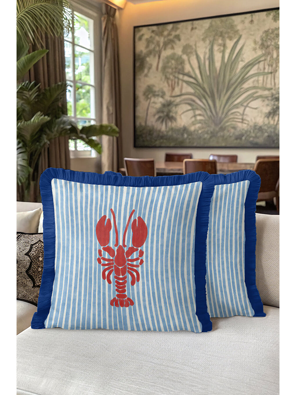 Karışık Deniz Kabuklu Mavi Çizgili Saçaklı Yastık Kılıfı - Marin Tema Koyu Lacivert Püsküllü Kırlent Kılıfı-5