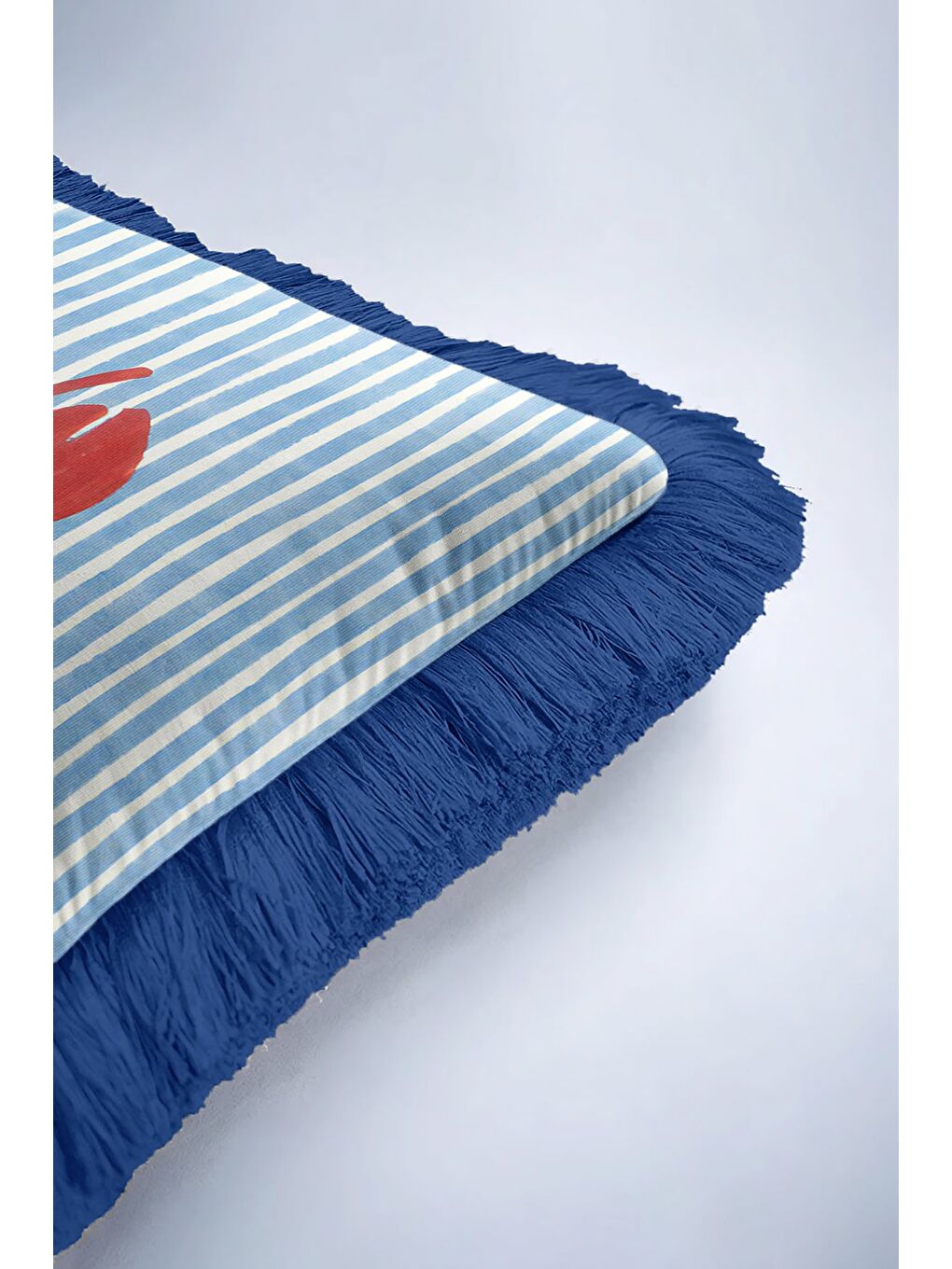 Karışık Deniz Kabuklu Mavi Çizgili Saçaklı Yastık Kılıfı - Marin Tema Koyu Lacivert Püsküllü Kırlent Kılıfı-6