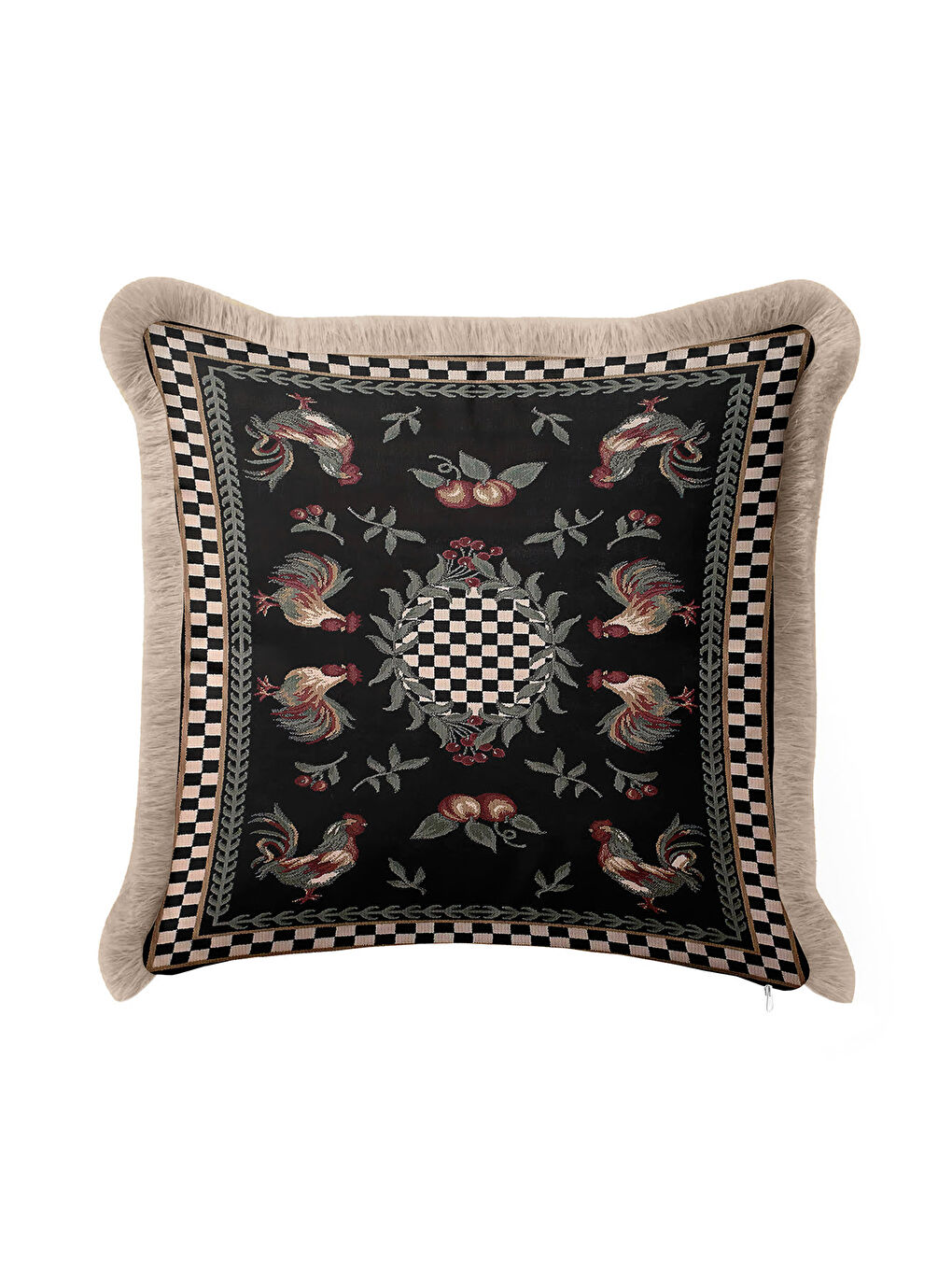 Karışık Lüks Tavuskuşu Motifli Saçaklı Yastık Kılıfı - Vintage Siyah Altın Renkli Püsküllü Kırlent Kılıfı