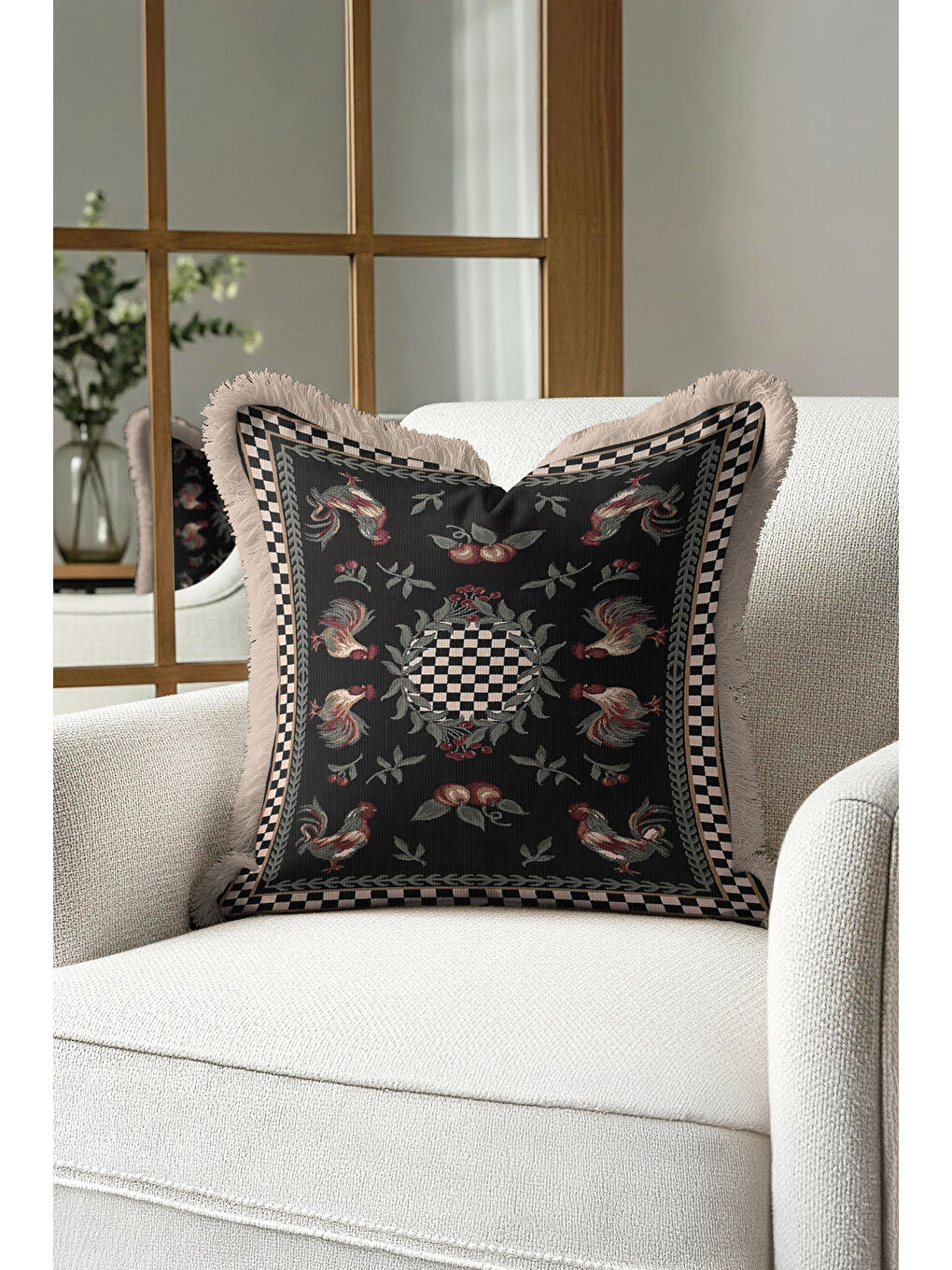 Karışık Lüks Tavuskuşu Motifli Saçaklı Yastık Kılıfı - Vintage Siyah Altın Renkli Püsküllü Kırlent Kılıfı-2