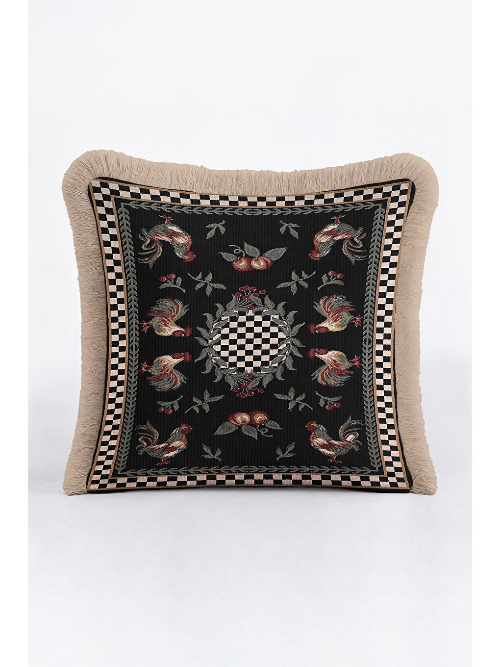 Karışık Lüks Tavuskuşu Motifli Saçaklı Yastık Kılıfı - Vintage Siyah Altın Renkli Püsküllü Kırlent Kılıfı-3