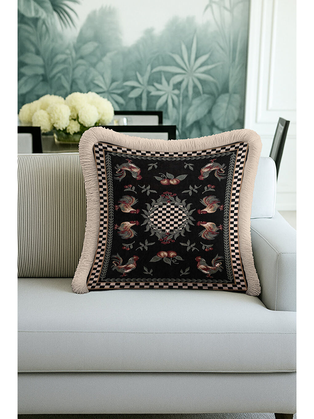 Karışık Lüks Tavuskuşu Motifli Saçaklı Yastık Kılıfı - Vintage Siyah Altın Renkli Püsküllü Kırlent Kılıfı-4