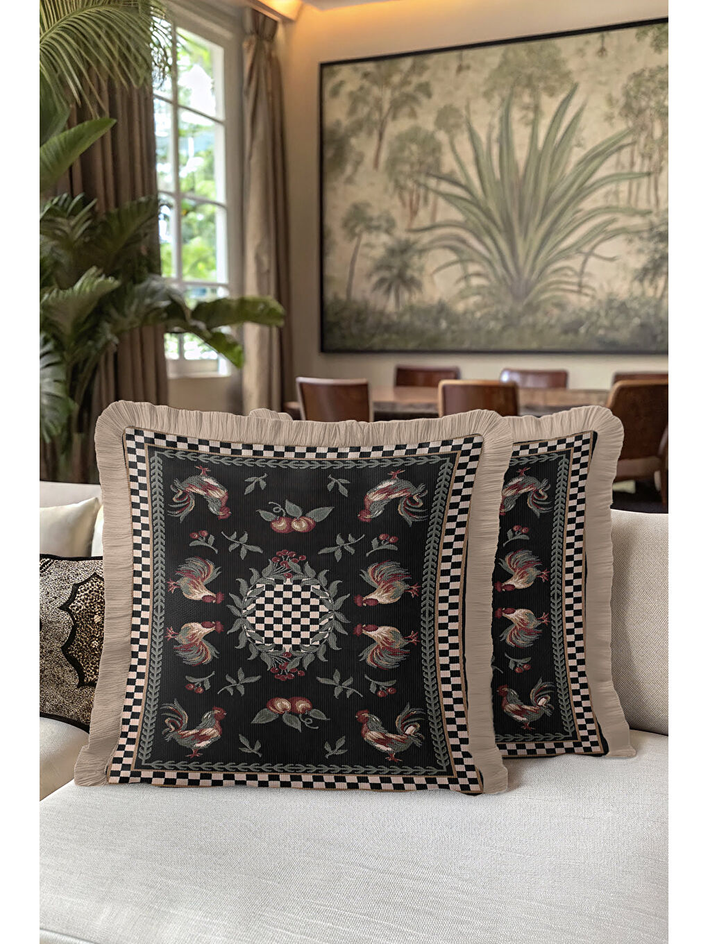 Karışık Lüks Tavuskuşu Motifli Saçaklı Yastık Kılıfı - Vintage Siyah Altın Renkli Püsküllü Kırlent Kılıfı-5