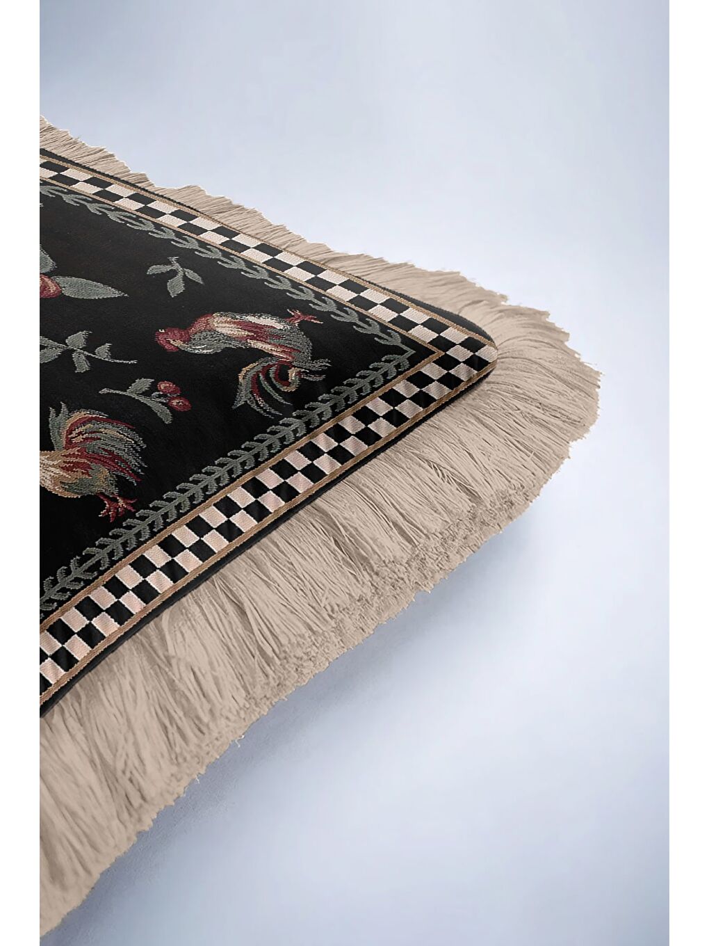 Karışık Lüks Tavuskuşu Motifli Saçaklı Yastık Kılıfı - Vintage Siyah Altın Renkli Püsküllü Kırlent Kılıfı-6