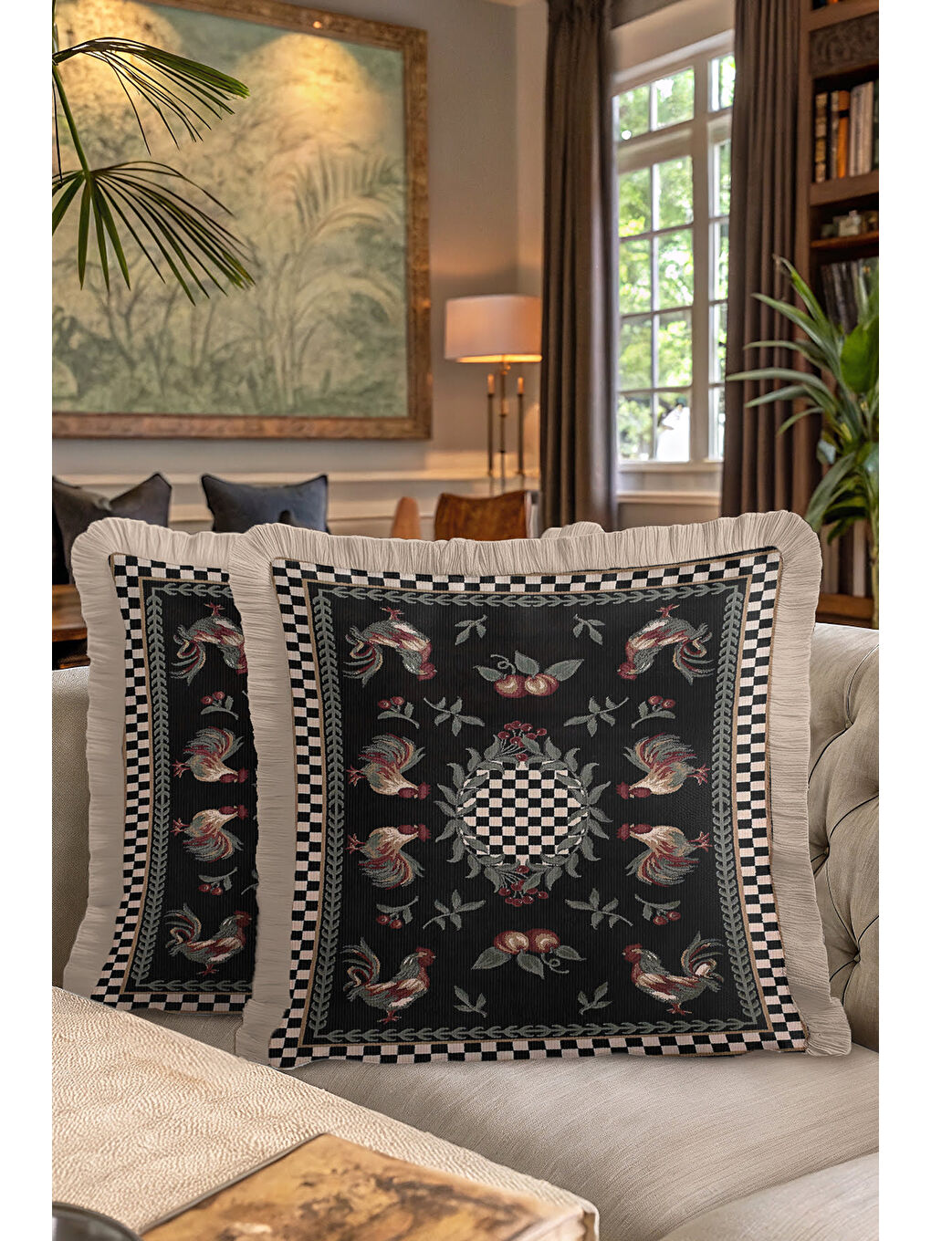 Karışık Lüks Tavuskuşu Motifli Saçaklı Yastık Kılıfı - Vintage Siyah Altın Renkli Püsküllü Kırlent Kılıfı-7