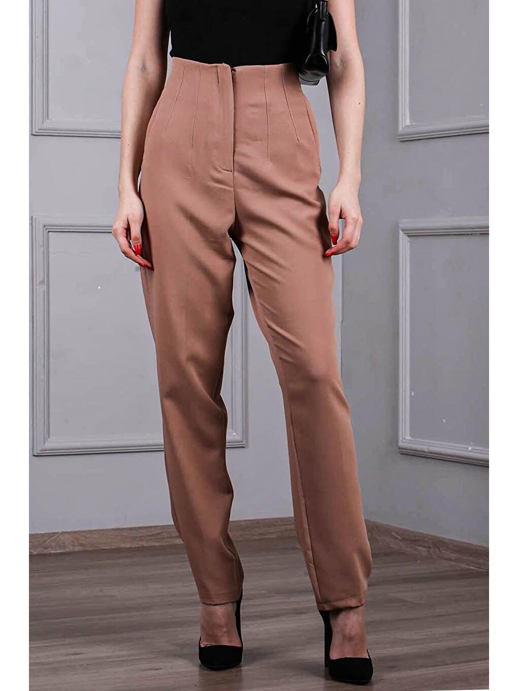 Bej Yüksel Bel Boru Paça Kadın Pantolon Mg1667